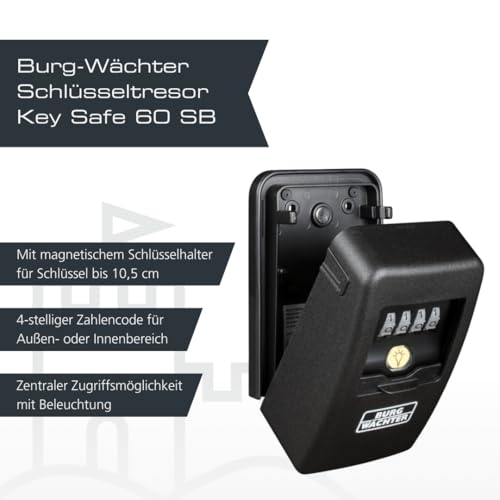 Burg-Wächter Schlüsseltresor mit 4-stelligem Zahlencode für außen und innen, magnetisch, beleuchtet, sicher, Wandmontage, Key Safe 60 L SB, Schwarz