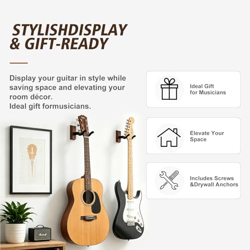 VEINTICO Uchwyt ścienny do gitary, wieszaki na gitarę, uchwyty do gitar akustycznych i elektrycznych, basowych banjo, mandoliny, podstawa z czarnego drewna orzechowego firmy