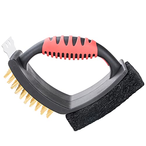 Dallean Grill Brush Brass Grill Cleaner Brush Bbq Cleaning Brushoutdoor Grill Multifunctional W/ Brass Bristle Scouring Pad And Scraperall Grates Grill Brush And Scraper Rubber Handle, O Red, 7 Inch #TOP30
