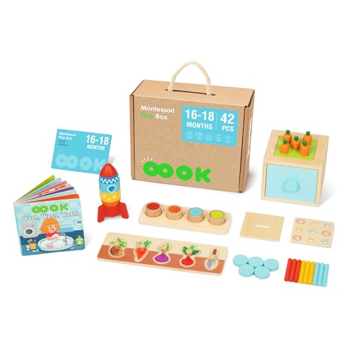 Image of OOOK Montessori Educational Toys for 1 Year Old, 6 in 1 Learning Toys Set for Toddlers Wooden Toy Present (3-in-1 Edutational Box, Stacking Roctet Ship, Touch & Match Board, Picture Book and More)