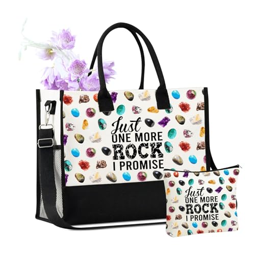 InnoBeta Gifts for Rock Collector, Geology Gifts, Collecting Rocks Canvas Tote Bag for Women with Top Zipper Closure and Shoulder Strap