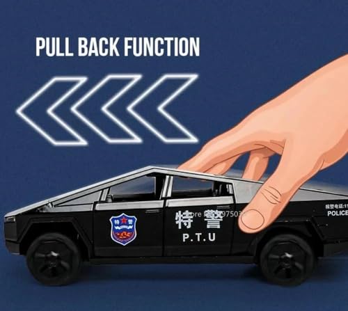 Image of 1:24 Scale Die-Cast CyberTruck Police【Free Wheel】 with 6 Openable Doors,Steerable Tyres,Working Horn,Working Lights (Black)