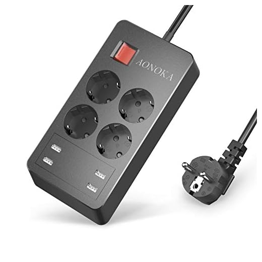 Regleta Enchufes con 4 Tomas (16A/4000W) y 4 Puertos USB (2.4A/5V), Alargador Enchufe USB con 1.5M Cable, Protección contra Sobrecarga, Montable en Pared,Base Enchufe USB Multiple