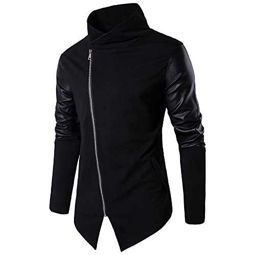 Mens Fashion Knit Zipper Cardigan Stitching Artificial Leather Sleeves Irregular Placket2