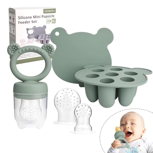 Image of LittlesJoy Silicone Baby Fruit Feeder & Freezer Tray Set, Breast Milk Popsicle Mold, BPA Free for 3+ Months, Includes Silicone Pouches (Sage)
