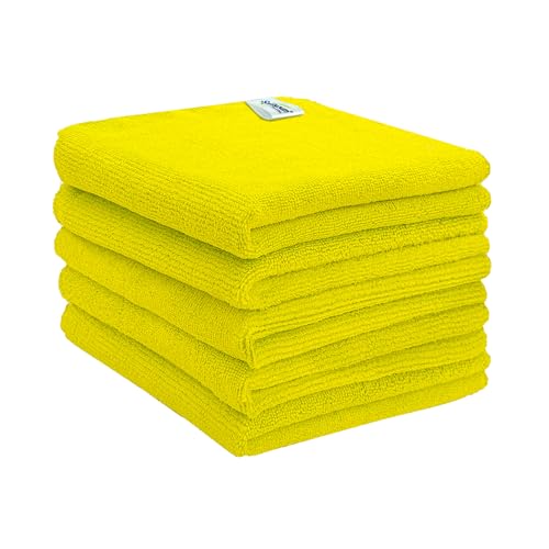 Image of SOFTSPUN Microfiber Cleaning Cloths, 50X50 cms 5 pcs Towel Set 340 GSM Yellow! Highly Absorbent Lint and Streak Free Multipurpose Wash Cloth for Kitchen Car Window Stainless Steel Silverware.