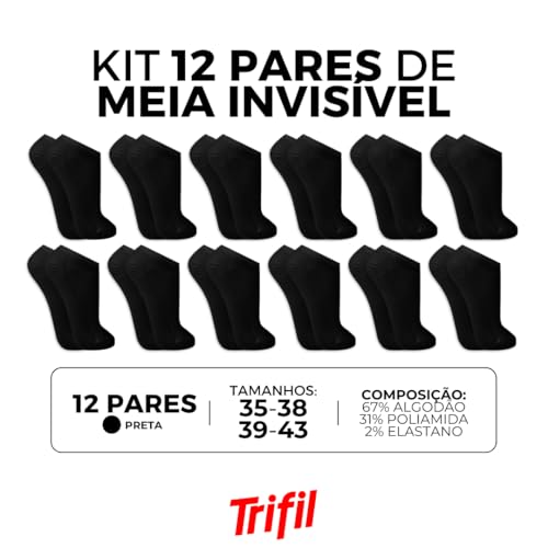 Kit 12 Pares de Meia Sapatilha Invisível Trifil Soquete Algodão Adulto Unissex | 12 Pretas | 39-43