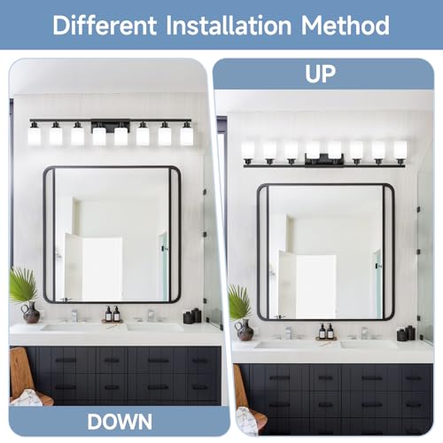 Image of 8 Light Bathroom Vanity Light,Modern Matte Black Bathroom Light Fixtures Over Mirror with Square Frosted Glass,Wall Sconces for Restroom,Living Room Hallway E26