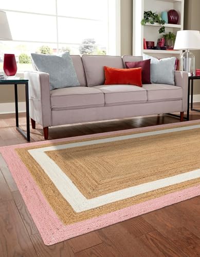 Aizza Trends Alfombra tejida a mano de yute natural con diseño de borde concéntrico, ribete blanco y rosa, alfombra de diseño sólido de granja para dormitorio, sala de estar, comedor, 79 x 152 cm
