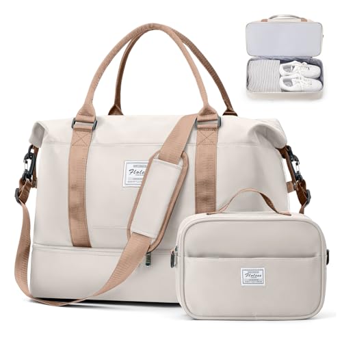 Image of Weekender Bags for Women, Travel Duffel Bags with Shoe Compartment,Personal Item Travel Bag for Airlines, Carry on Overnight Tote Bag for Women with Toiletry Bag，Beige&Brown