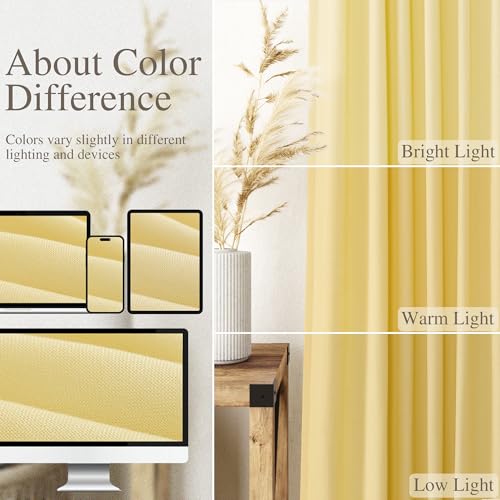 Image of Yellow Linen Textured 96 Inch Curtains 2 Panel Set Back Tab Rod Pocket Sheer Light Filtering Boho Room Decor Aesthetic Curtains Burlap Look Curtain Drapes for Living Room Bedroom 8Ft 52x96 Inch