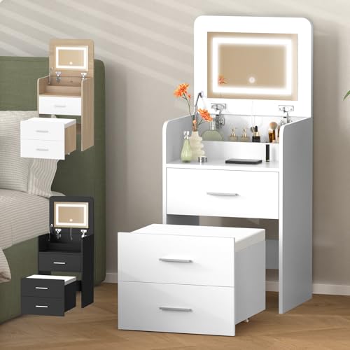 ALFORDSON Flip-up LED Mirror＆Stool Dressing Vanity Table, Foldable Tabletop Bed Side Storage Cabinet with Drawers, Small Makeup Desk Dresser Organiser for Bedroom, White