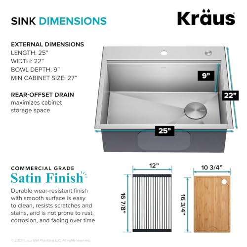 KRAUS Kore 25-Inch Drop In/Top Mount Workstation 16 Gauge Single Bowl Stainless Steel Kitchen Sink with Accessories, KWT311-25 - image 5