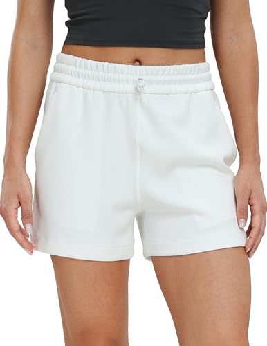 Colorfulkoala Women's High Waisted Ultra Soft Athletic Jersey Shorts Casual Summer Lounge Pants with Pockets (L, White)