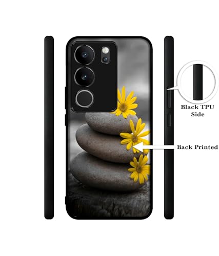 Image of Stones and Flower Design Premium 2D Printed Metal Back Case Cover for Vivo V29 5G / V29 Pro 5G, Black