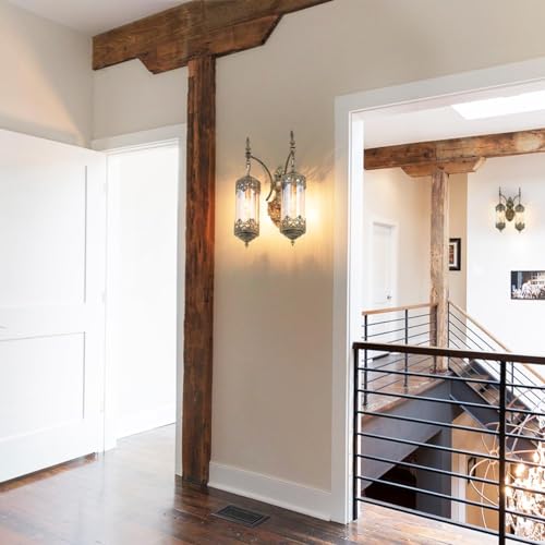 Image of Rustic Wall Sconce with Amber Glass Vintage Antique Gothic Wall Light Fixture Retro Mid Centry Lantern Wall Sconce for Bedroom, Living Room, Mirror, Brush Gold