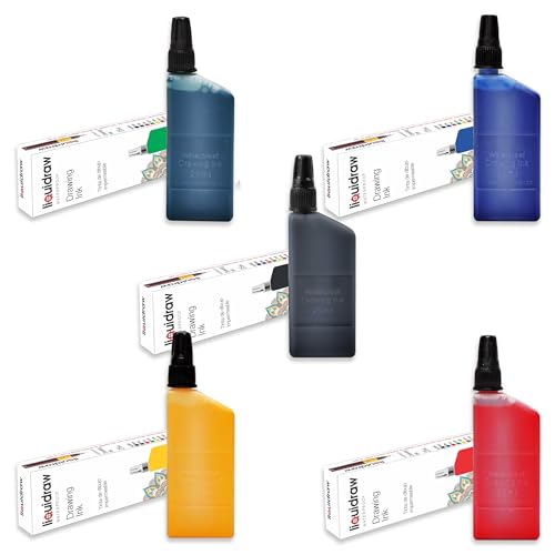 Liquidraw Technical Pen Encre à dessin étanche 25 ml Couleurs assorties (compatible avec les stylos Isographe Rotring) (5 couleurs assorties)