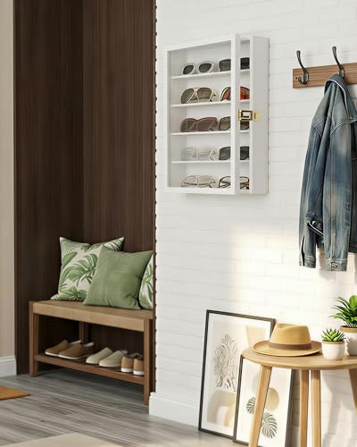 Image of TJ.MOREE 5-Tier Sunglasses Organizer Storage Wall Mounted: 13 x 15 inches Eyewear Display Case Rustic Wood Eyeglasses Holder Large Glasses Storage Box, White