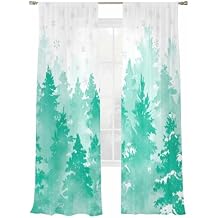 Semi Sheer Curtains 96 Inches Long Winter Watercolor Teal Christmas Trees Window Treatments Curtains Light Filtering Rod Pocket Drapes for Living Room Bedroom 2 Panels 52" W x 96" L