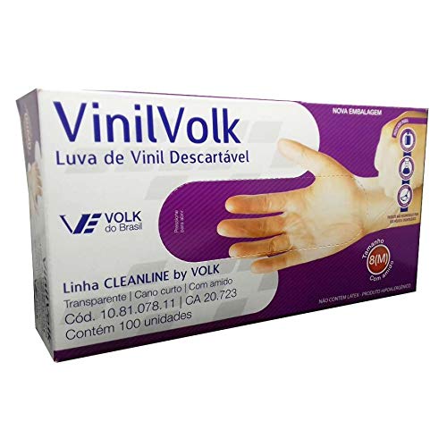 Volk Luva de Vinil com Amido Descartável Transparente Média com 100 Unidades-VOLK-10.81.078.11-M