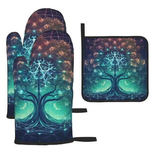 Juego de guantes de horno y soportes para ollas, 3 unidades, resistentes al calor, extra gruesos, guantes de cocina antideslizantes, guantes de cocina futurista digital, icono de árbol con espacio de