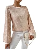 SweatyRocks Women's Sequin Long Sleeve Blouse Casual Round Neck Pullover Shirt Tops Champagne S