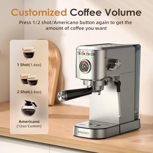 Spacekey Espresso Machine with Milk Frother, 20 Bar Compact Expresso Coffee Machines for Home, Stainless Steel Espresso Maker with 39oz Removable Water Tank for Cappuccino Latte, Fast Heating, Silver - 4