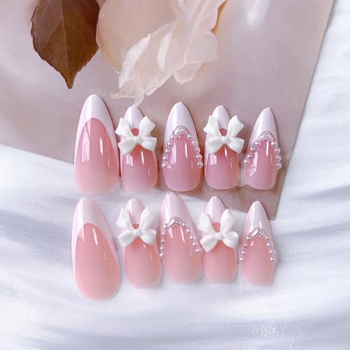 Generic White French Tip Press On Nails Almond Medium Pink False Nails With White 3D Butterfly Pearl Decorations Nude Glossy Bow Fake Nails Pearl Nail Tips Full Cover Stick On Nails For Women Girls 24Pcs thumb #1