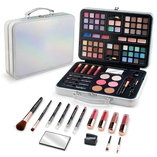Color Nymph Conjuntos de maquiagem infantil para meninas, kits de maquiagem para adolescentes iniciantes com estojo prateado, kit de maquiagem completo portátil para viagem, conjunto de presente de