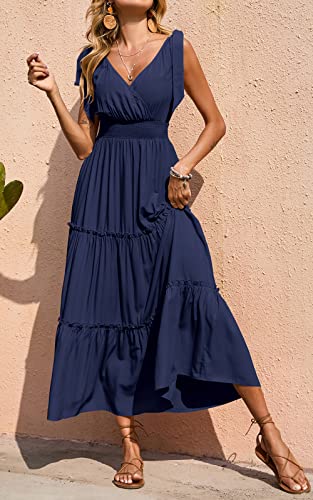 Image of PRETTYGARDEN Women's Cross Neck Summer Sleeveless Tiered Maxi Dress Beach Tie Strap Smocked Long Dresses Pleated Sundress