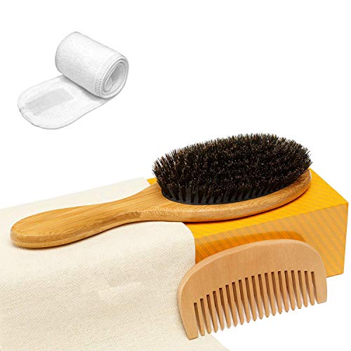 100% Boar Bristle Hair Brush Set. Soft Natural Bristles for Thin and Fine Hair. Restore Shine And Texture. Wooden Comb, Travel Bag and Spa Headband Included!