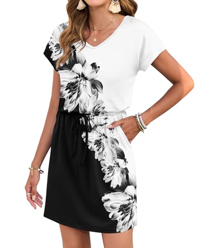 Image of AUSELILY Womens Summer Mini Dress, Short Sleeve V Neck Drawstring Casual | Soft smooth drape with an adjustable drawstring waist for beach, casual outings and daily wear