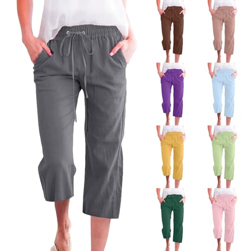 Capri Pants for Women Casual Summer High Waisted Wide Leg Linen Pants 2025 Cotton Comfy Loose Capris with Pockets
