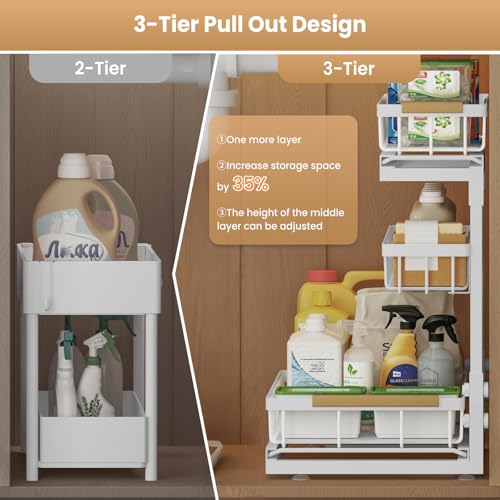 Image of Under Sink Organizer and Storage for Bathroom and Kitchen - 2 Pack 3 Tier | Under Cabinet Pull Out Shelf Organizers - Slide Out Drawer Organization for Home Cabinets Shelves and Drawers