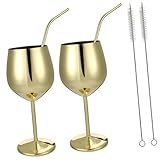 AUTSUPPL 2 juegos Copas de Vino de Acero Inoxidable Irrompibles con Sorbetes Curvos y Cepillos Ligeras y Fáciles de Limpiar para Fiestas y Eventos