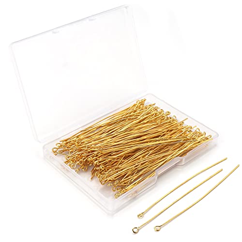 Yumttero 200 Pcs 70mm/2.76 Inch 21 Gauge Eye Pins for Jewelry Making Straight Head Ball Pin for DIY Christmas Styles Craft Earring Bracelet Necklace Pendant Making (Eye Pins,Gold Color)