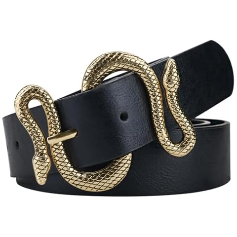 taffeta alley Black Leather Belts for Women,Womens Belts for Dresses Jeans, Black Snake Belt, Black Belts for Women Gold Buckle 100cm Cover