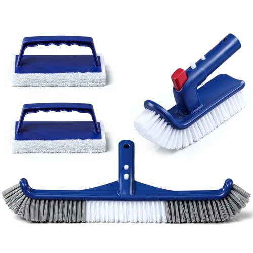 3-in-1 Full-Coverage Pool Brush Head Set - Includes 17.5' Long Brush, Rotatable Handheld/Extension Pole Brush, Sponge Brush, Durable Scrubber Brush Set for Pool Floors/Corners/Steps
