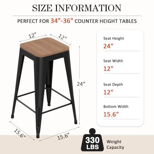 24" Metal Bar Stools Set of 4 Black Counter Height Stools with Wood Seat Stackable Backless Industrial Style Stools for Kitchen Island Dining Room Home Bar by Arlunar home - Used condition - Image 4