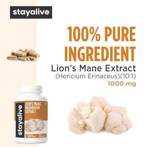 Image of STAY ALIVE Lion's Mane Mushroom Supplement 1000mg | 30:1 Extract with Beta Glucans | 100% Fruiting Body | Supports Brain Health, Memory & Cognitive Function | Non-GMO & Gluten-Free | 120 Capsules