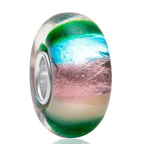 Abalorio de plata de ley 925 con cristal de Murano, diseño de flor, hoja, aniversario para pulsera Pandora (A), Vidrio, Glass