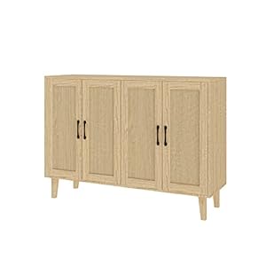Panana Buffet Storage Cabinet with Rattan Decorating 4 Doors Living Room Kitchen Sideboard 4843 x 3465 x 15 inch Natural Wood