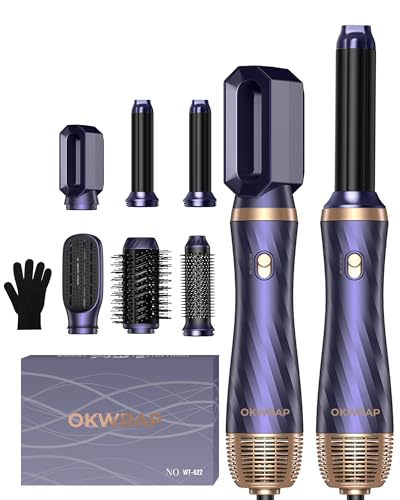 OKWRAP Secador 6 en 1 Cepillo de Aire Air Styler Set 6 Cabezales Intercambiables 3 Temperaturas Cepillo Moldeador De Pelo, Cepillo Secador Pelo With Riza, Da Volumen, Alisa y Seca