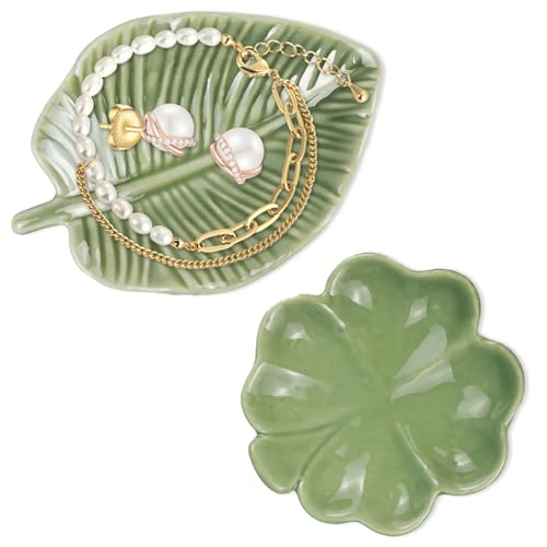Zfseyuh 2 piezas bandeja joyería de cerámica,Bandeja decorativa trébol de hojas pequeñas bandejas de llaves joyas para poner la mesa,cuarto de baño