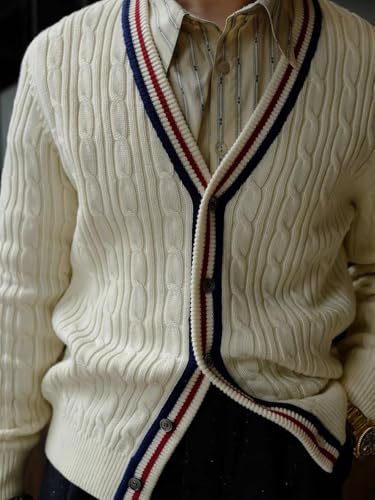 Men's V-Neck Cable Knit Cardigan Sweater - Long Sleeve Button-Up 100% Acrylic Warm Sweater (Ivory)3