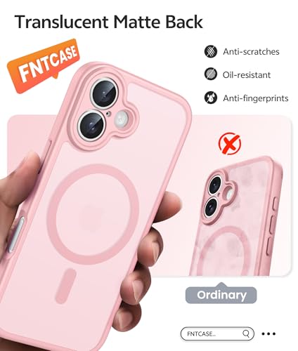 Image of FNTCASE for iPhone 16 Case: [Compatible with Magsafe] Translucent Matte Cases with [Full Camera Protection] [Screen Protector] Military Grade Shockproof Protective Phone Cover - Light Pink