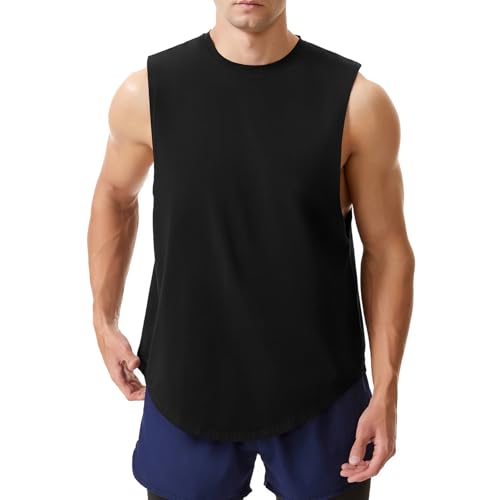 Men Workout Tank Top Athletic Gym Bodybuilding Vests Sleeveless Muscle Cotton T Shirts Cut Off Shirts Black L