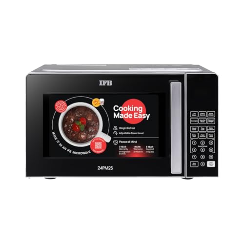 IFB 24L Solo Microwave Oven with 69 Auto Cook Menus (24PM2S, Silver, Mug Recipes, Steam Clean, Auto Reheat, Preset Timer, Power Save, Child Safety Lock, 10 Power Levels)