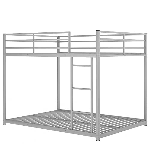 Softsea Metal Full Over Full Bunk Beds Low Metal Bunk Bed With Built-In Ladder No Box Spring Needed (Full Over Full, Silver) #TOP6