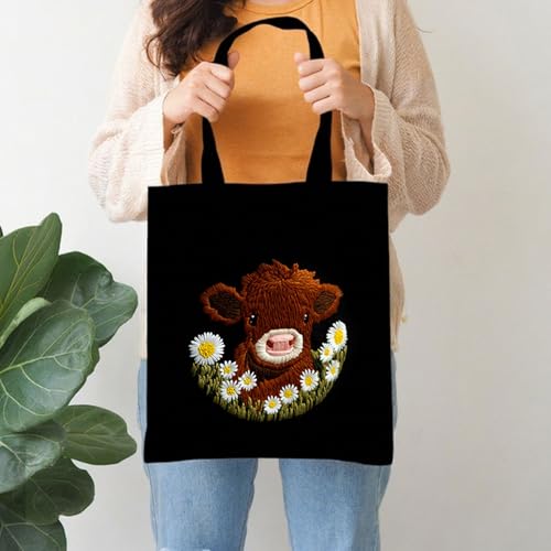 FSSODWT Embroidery Kit Canvas Tote Bag, Canvas Handbag Embroidery Kit for Beginners with Pre - Printed Highland Cow Pattern - DIY Needlepoint Crafts with Hoops Threads Needle for Adults by FSSODWT - Image 6